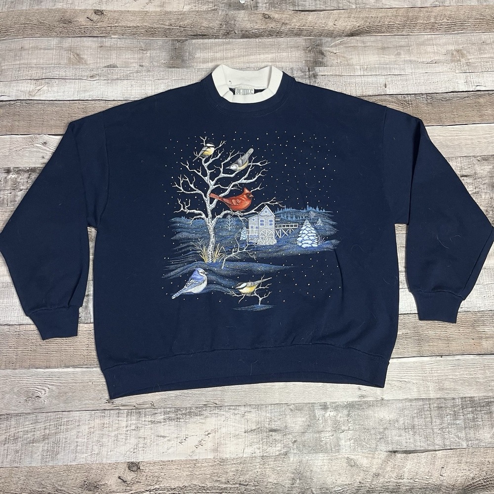 Bird Sweatshirt Size Petite Medium Blue Snow Nature Tee Scene Birds Cardinal